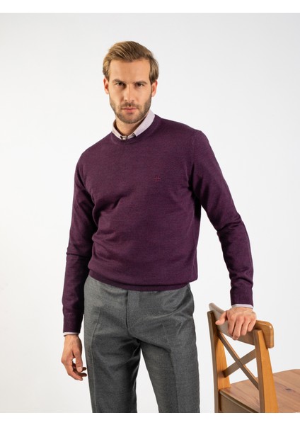 Erkek Regular Fıt Triko Kazak-Mürdüm Melanj