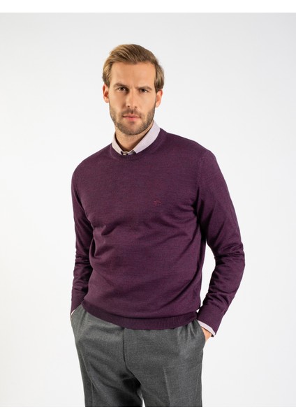 Erkek Regular Fıt Triko Kazak-Mürdüm Melanj fiyatları