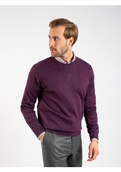 Erkek Regular Fıt Triko Kazak-Mürdüm Melanj fırsatları