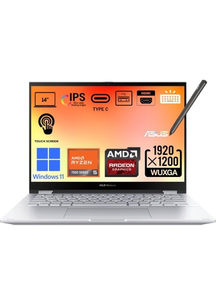 Vivobook S 14 Flip Amd Ryzen 5 7430U 12GB 1tb SSD 60hz Wuxga 14.0" Fhd Windows 11 Home Taşınabilir Bilgisayar TN3402YA-LZ318WD5