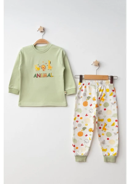 Mini Damla Pijama Takımı Penye Animal Hayvanlar Baskılı Yeşil