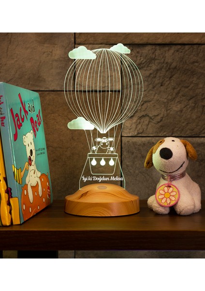 Kuzulu ve Balonlu LED Lamba - Çocuğa Doğum Günü Hediyesi, İsimli Bebek Odası Dekoru, Çocuk Odası İçin Kişiye Özel Hediye