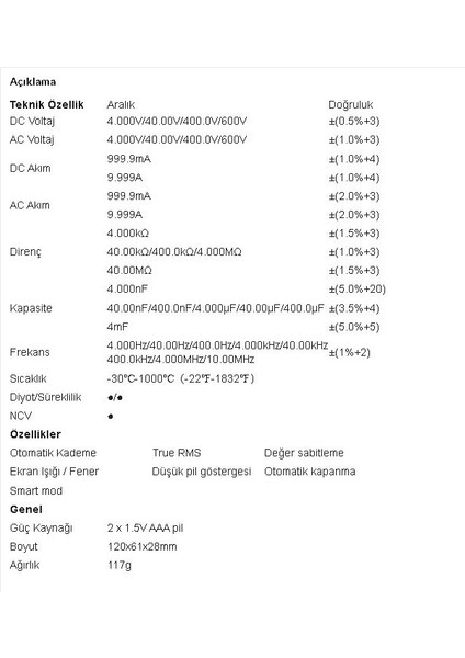 Tf 404 True Rms Ncv Isı Smart Dijital Multimetre;ub;class