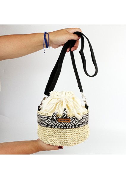 Woody Cord El Örgüsü Hasır Kağıt Ip Krem Etnik Bucket Çanta