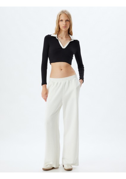 Polo Yaka Tişört Crop Uzun Kollu Biyeli