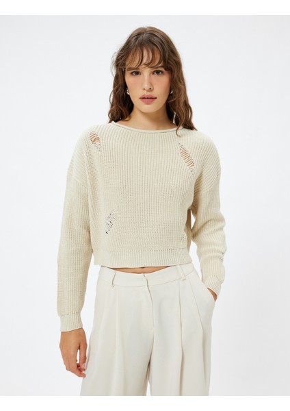 Yıpratılmış Detaylı Örgü Kazak Kayık Yaka Uzun Kollu modelleri