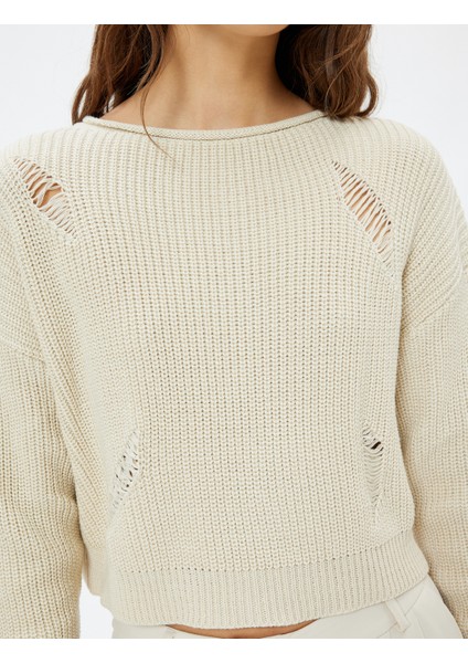 Yıpratılmış Detaylı Örgü Kazak Kayık Yaka Uzun Kollu indirimleri