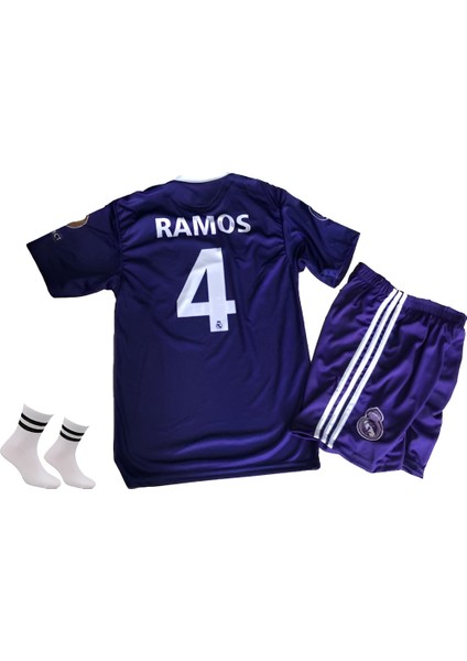 Ramos Mor Retro Real Madrid 2017 Cardiff Şampiyonlar Ligi Finali 3'lü Çoçuk Futbol Forma Seti(Forma,şort ve Çorap)