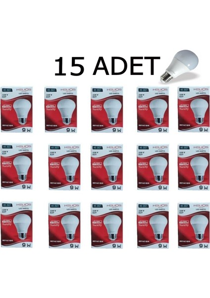 9W A+ LED Ampul 15 Adet Parlak Beyaz E-27 Normal Duy