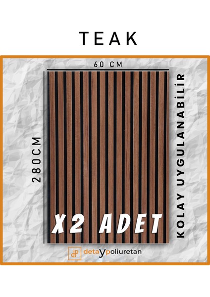 Detay Poliuretan 60x280cm 2 Adet Teak Renk Akustik Ahşap Duvar Paneli Kolay Uygulanabilir