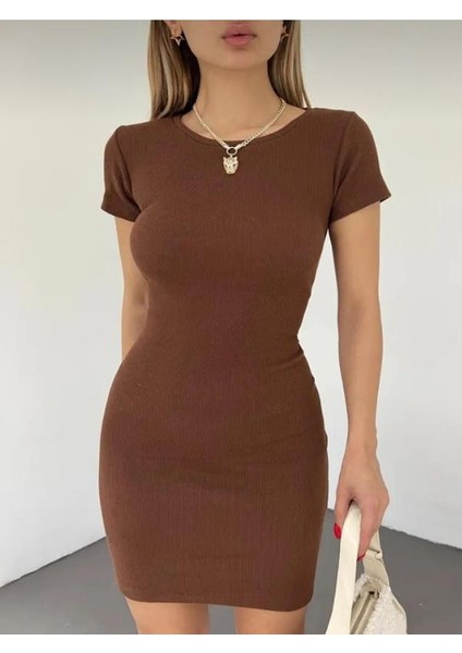 Kadın Kaşkorse Bisiklet Yaka Kısa Kollu Fitilli Mini Elbise