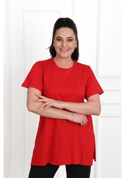 Moda Xlarge Kadın Bisiklet Yaka Yırtmaç Detaylı Büyük Beden Tshirt 9633-22