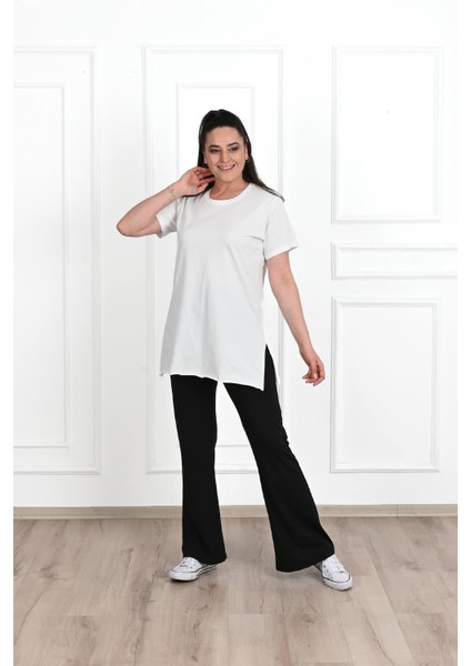 Kadın Bisiklet Yaka Yırtmaç Detaylı Büyük Beden Tshirt 9633-22