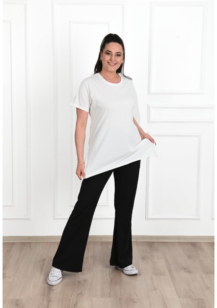 Kadın Bisiklet Yaka Yırtmaç Detaylı Büyük Beden Tshirt 9633-22