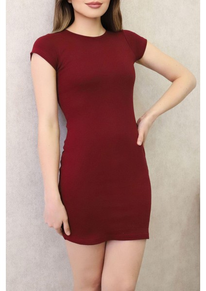 Kadın Kaşkorse Bisiklet Yaka Kısa Kollu Fitilli Mini Elbise