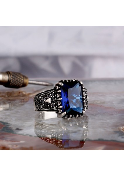 Mavi Zirkon Taşlı Model 925 Ayar Gümüş Erkek Yüzük modelleri