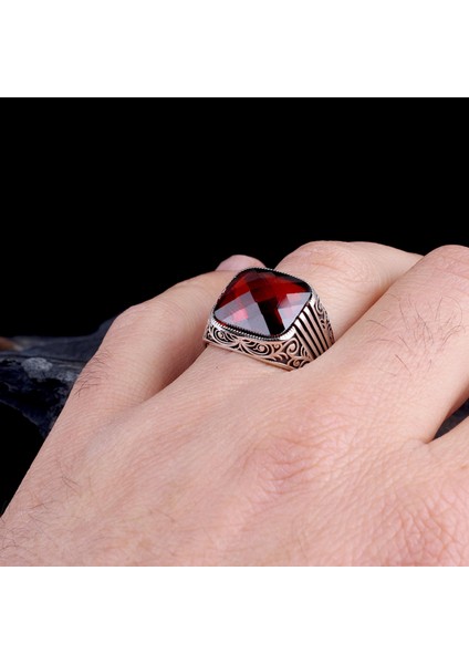 Kırmızı Renk Zirkon Taşlı 925 Ayar Gümüş Erkek Yüzük
