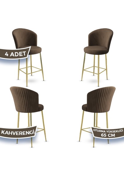 Alte Serisi 4 Adet Babyface Kumaş 65 cm Gold Kaplama Ayaklı Bar Sandalyesi