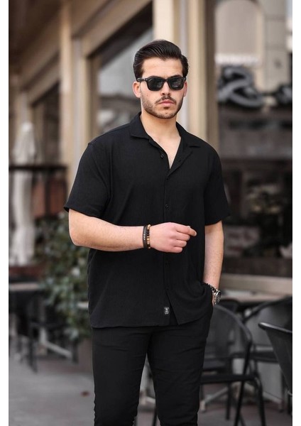 Tex Republic Erkek Siyah Oversize Yazlık Bürümcük Gömlek fiyatları