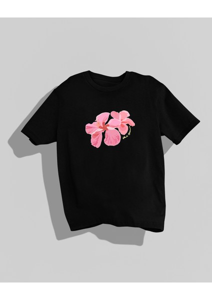 Dikiş Detaylı Yüksek Kalite Baskılı Oversize T-Shirt Hibiscus Pembe