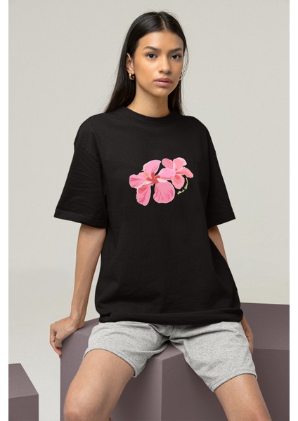 Dikiş Detaylı Yüksek Kalite Baskılı Oversize T-Shirt Hibiscus Pembe