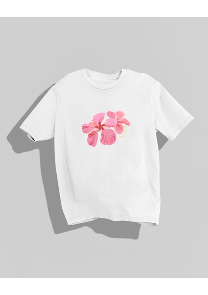 Dikiş Detaylı Yüksek Kalite Baskılı Oversize T-Shirt Hibiscus Pembe