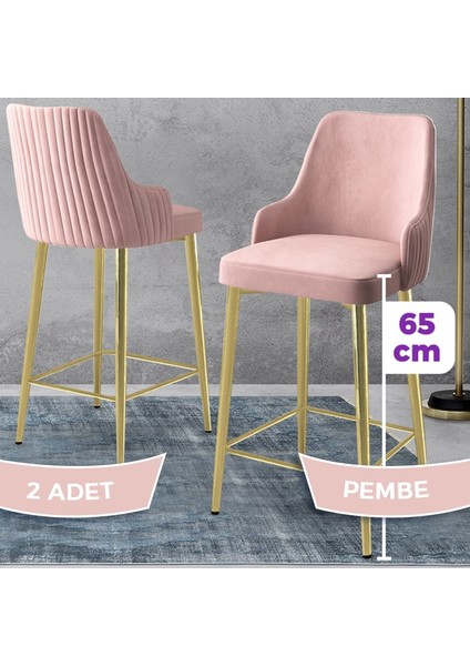 Tera Serisi 2 Adet Babyface Kumaş 65 cm Gold Kaplama Ayaklı Bar Sandalyesi