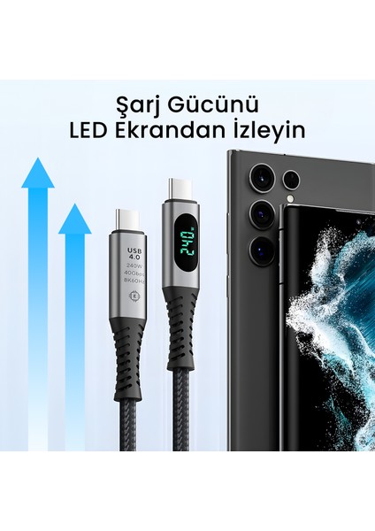 BXCC244 Usb4 Thunderbolt 4/3 Uyumlu Pd 240W 40GBPS 8k 60Hz Ultra Hd Dijital Ekran Göstergeli Şarj, Data ve Görüntü Kablosu 1 Metre