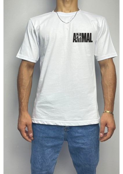 Erkek Animal Baskılı Beyaz Oversize T-Shirt