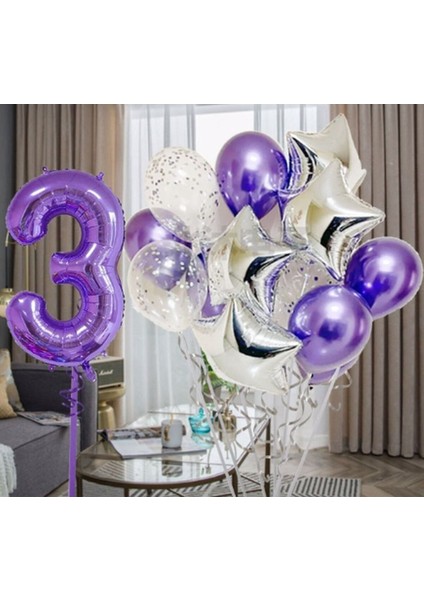 Mor 3 Yaş Balon Seti Mor Renk Rakam Balon Set Doğum Günü Parti Mor Renk Helyum Balon Mor Rakam Balon