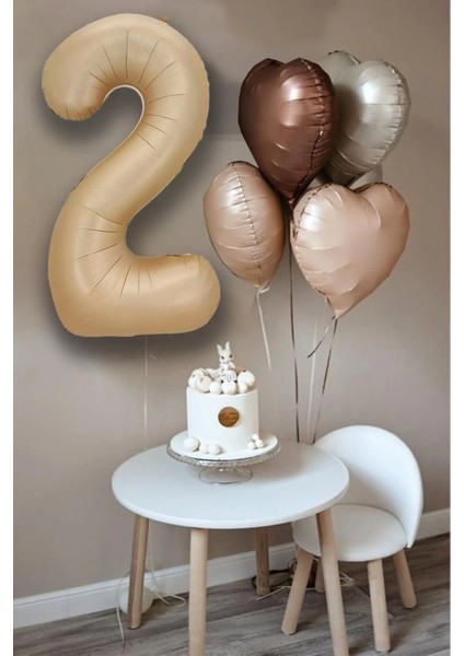 Retro Krem Karamel Kahve Kalpli Bej Yaş Rakam Balon Seti Retro Doğum Günü Parti Seti Süsü