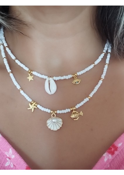 Amabel Jewelerys Midye ve Altın Kaplama Balık Detaylı Kadın 2'li Kolye