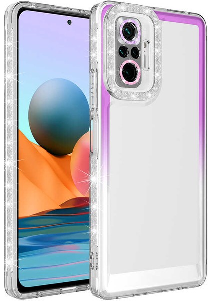 Xiaomi Redmi Note 10 Pro Kılıf Simli ve Renk Geçiş Tasarımlı Lens Korumalı Zore Park Kapak-Mor-Beyaz
