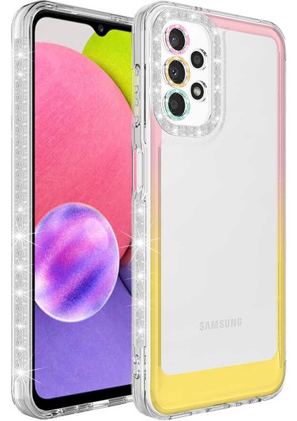 Galaxy A13 4g Kılıf Simli ve Renk Geçiş Tasarımlı Lens Korumalı Zore Park Kapak-Pembe-Sarı