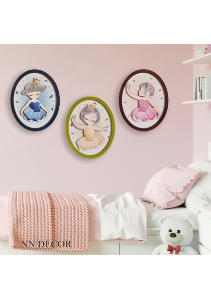 Minik Balerinler 3'lü Set | 3 Boyutlu, Çerçeveli, Ahşap, Çocuk Odası Tablo Seti | Baskı ve El Boyaması