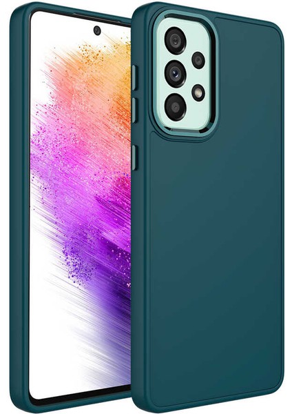 Galaxy A52 Kılıf Metal Çerçeve ve Buton Tasarımlı Silikon Zore Luna Kapak-Koyu Yeşil