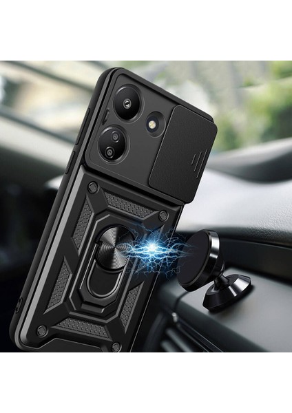 Xiaomi Poco C65 Kılıf Magnetik Standlı Kamera Korumalı Zore Sürgülü Vega Kapak-Siyah
