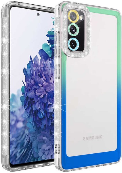 Galaxy S20 Fe Kılıf Simli ve Renk Geçiş Tasarımlı Lens Korumalı Zore Park Kapak-Yeşil-Mavi