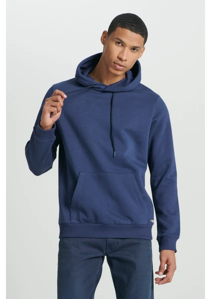 Regular Fit Normal Kesim Kapüşonlu İçi Polarlı Cep Detaylı Lacivert Sweatshirt