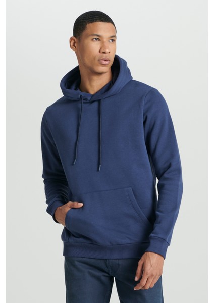 Regular Fit Normal Kesim Kapüşonlu İçi Polarlı Cep Detaylı Lacivert Sweatshirt