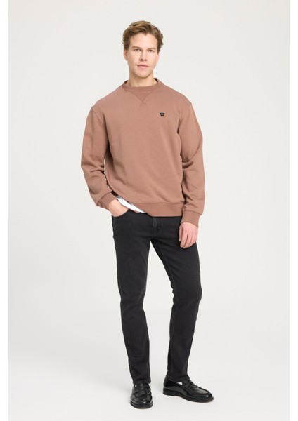 Regular Fit Normal Kesim Bisiklet Yaka %100 Pamuk Kahverengi Sweatshirt