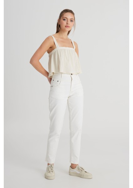 Relaxed Fit Geniş Kesim Kare Yaka Ekru Bluz