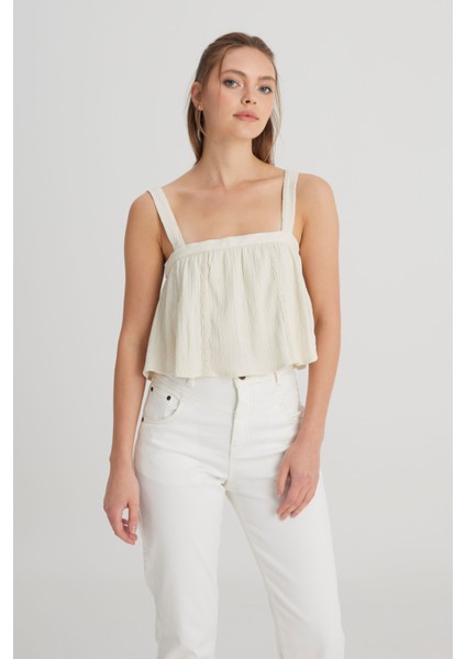 Relaxed Fit Geniş Kesim Kare Yaka Ekru Bluz