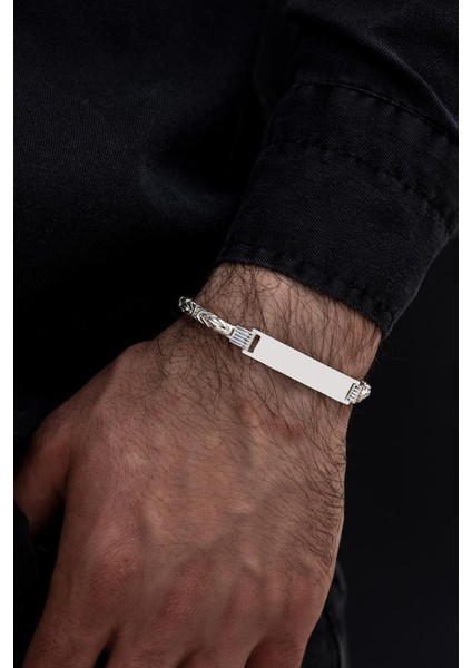 Erkek Gümüş Bileklik - Isim Yazılabilir 4.5 mm Kalın Beyaz Kare Kral Gümüş Bileklik
