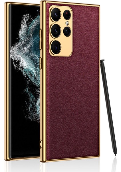 Galaxy S23 Ultra Kılıf Deri Görünümlü Kenarları Elektroplating Kaplama Zore Fizyon Kapak-Kırmızı