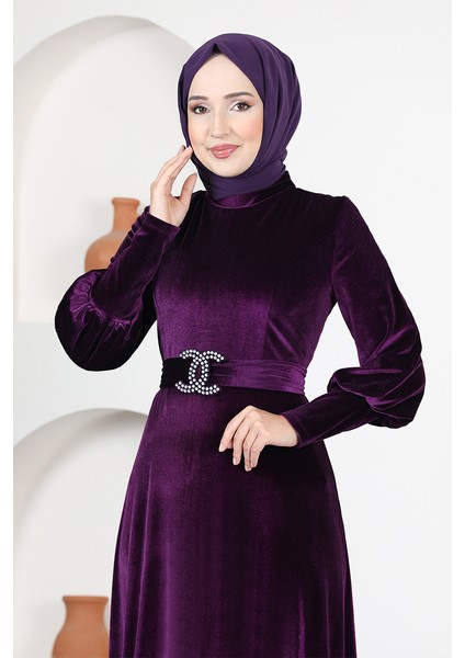 Taş Tokalı Kadife Abiye Elbise 2414