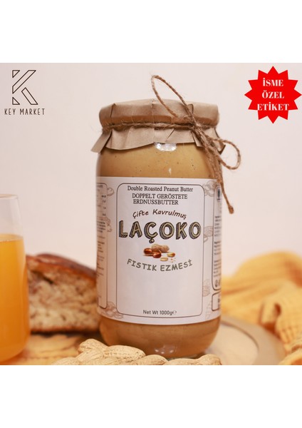 LAÇOKO 1 Kg İsme – Kişiye Özel Şekersiz, Saf, Katkısız Fıstık Ezmesi Glutensiz, Vegan, Doğal Çifte Kavrulmuş Yer Fıstığı Ezmesi (1 KG) Peanut Butter