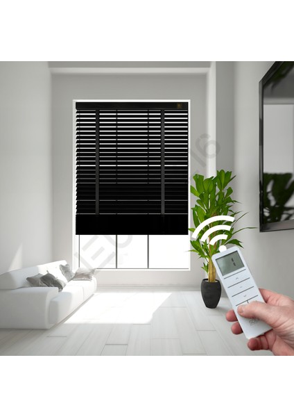Ahşap Jaluzi Perde 50 mm GERÇEK AHŞAP Motorlu / Kumandalı Kurdeleli SİYAH Renk indirimleri