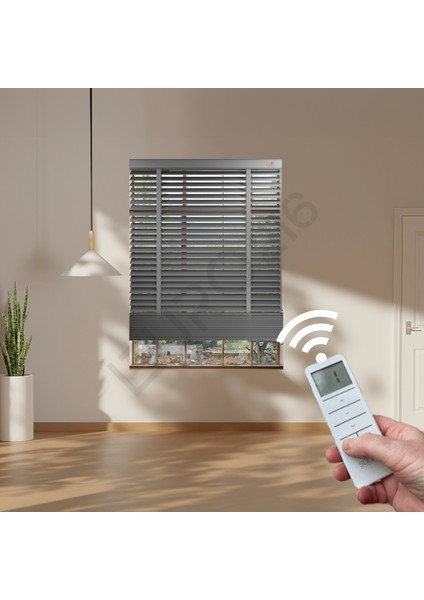 Ahşap Jaluzi Perde 50 mm GERÇEK AHŞAP Motorlu / Kumandalı Kurdeleli GRİ Renk fiyatları