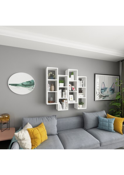 Kitaplık Mobilya Duvar Rafı Salon Aynı Renk 4 Lü Takım Beyaz